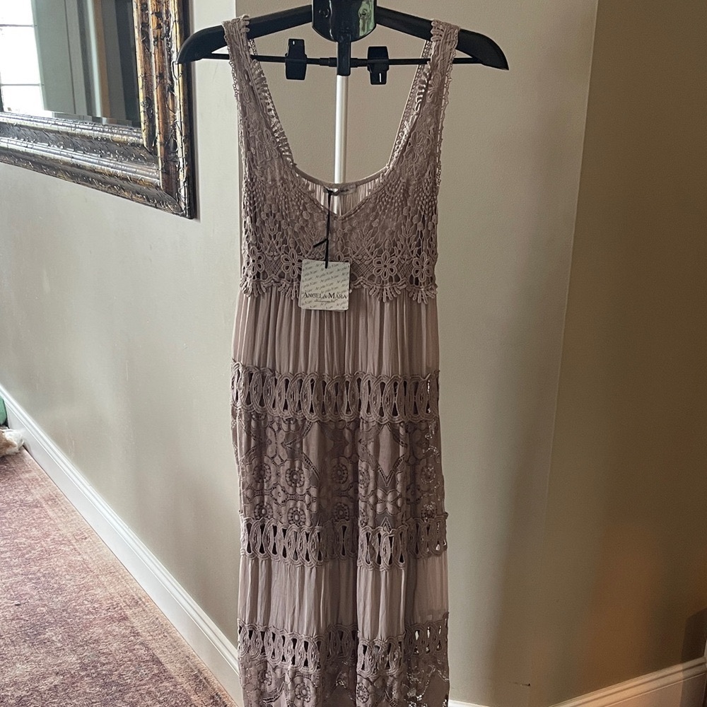 Angela Mara Elegant Lace Midi Dress in Taupe/Birch